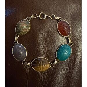 Vintage 12k GF Semi Precious Carved Stone Scarab Bracelet